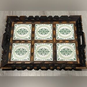 Mexican hand carved wood and tile serving tray